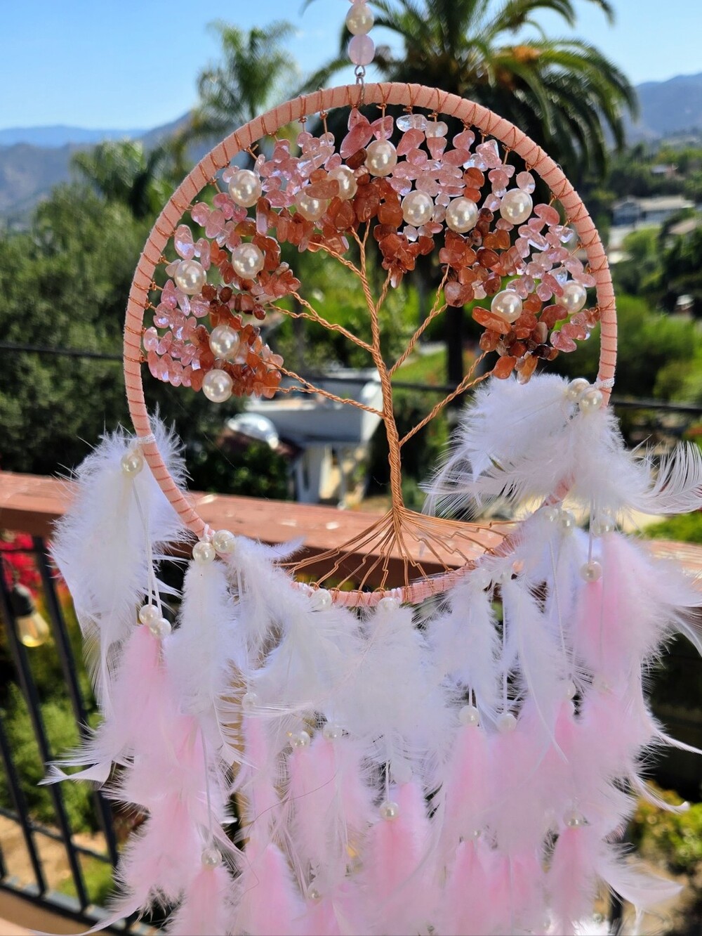 TREE OF LIFE Artisan Dreamcatcher Freshwater Pearl Rose Quartz Copper Feathers